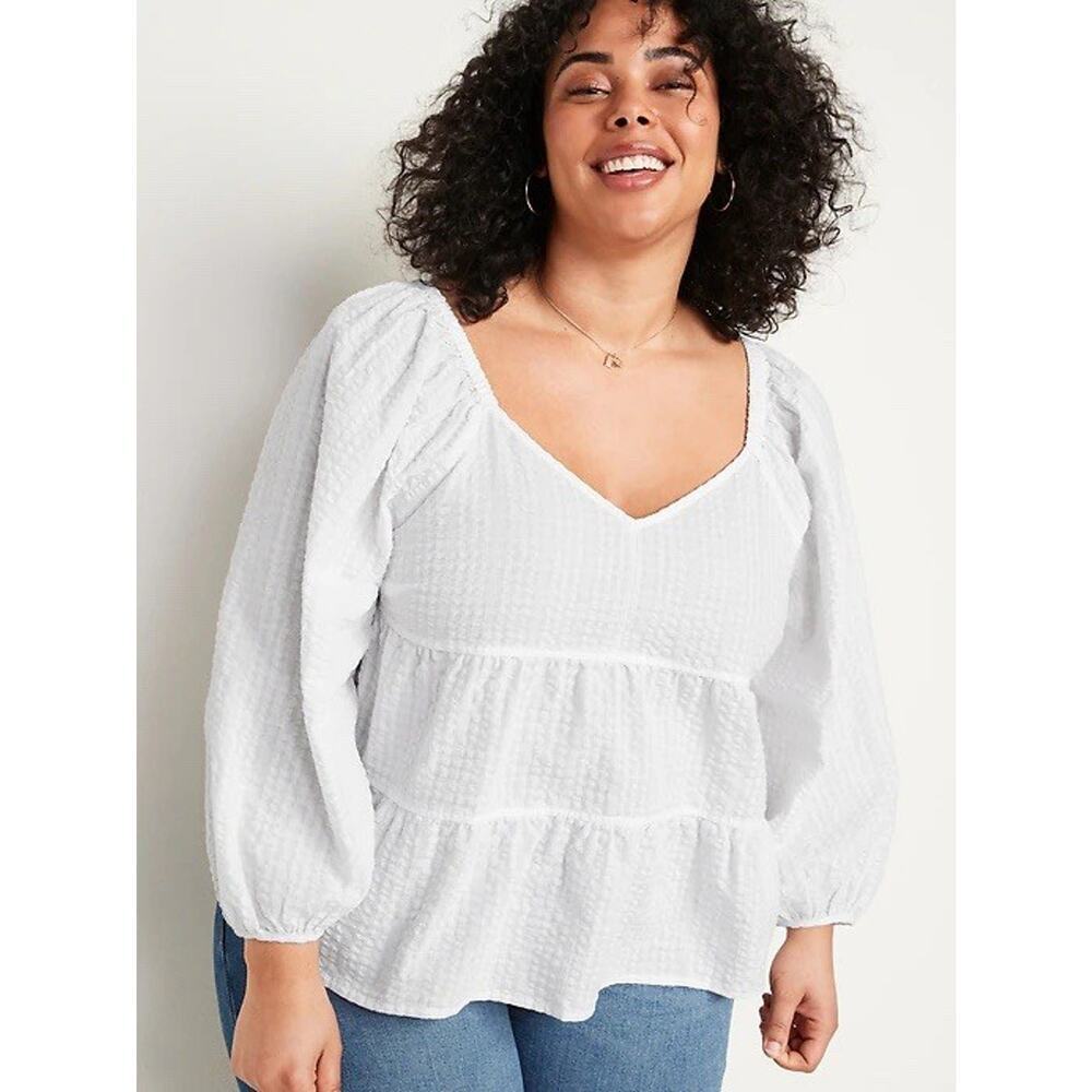 Old Navy Tiered Seersucker Long Sleeve Swing Top Size 2X White Boho NWT